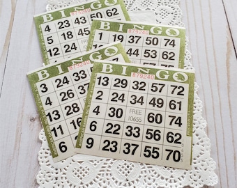 Olive Green Paper Bingo Cards, Set of 10 Bingo Cards for Junk Journals or Scrapbook, Paper Ephemera