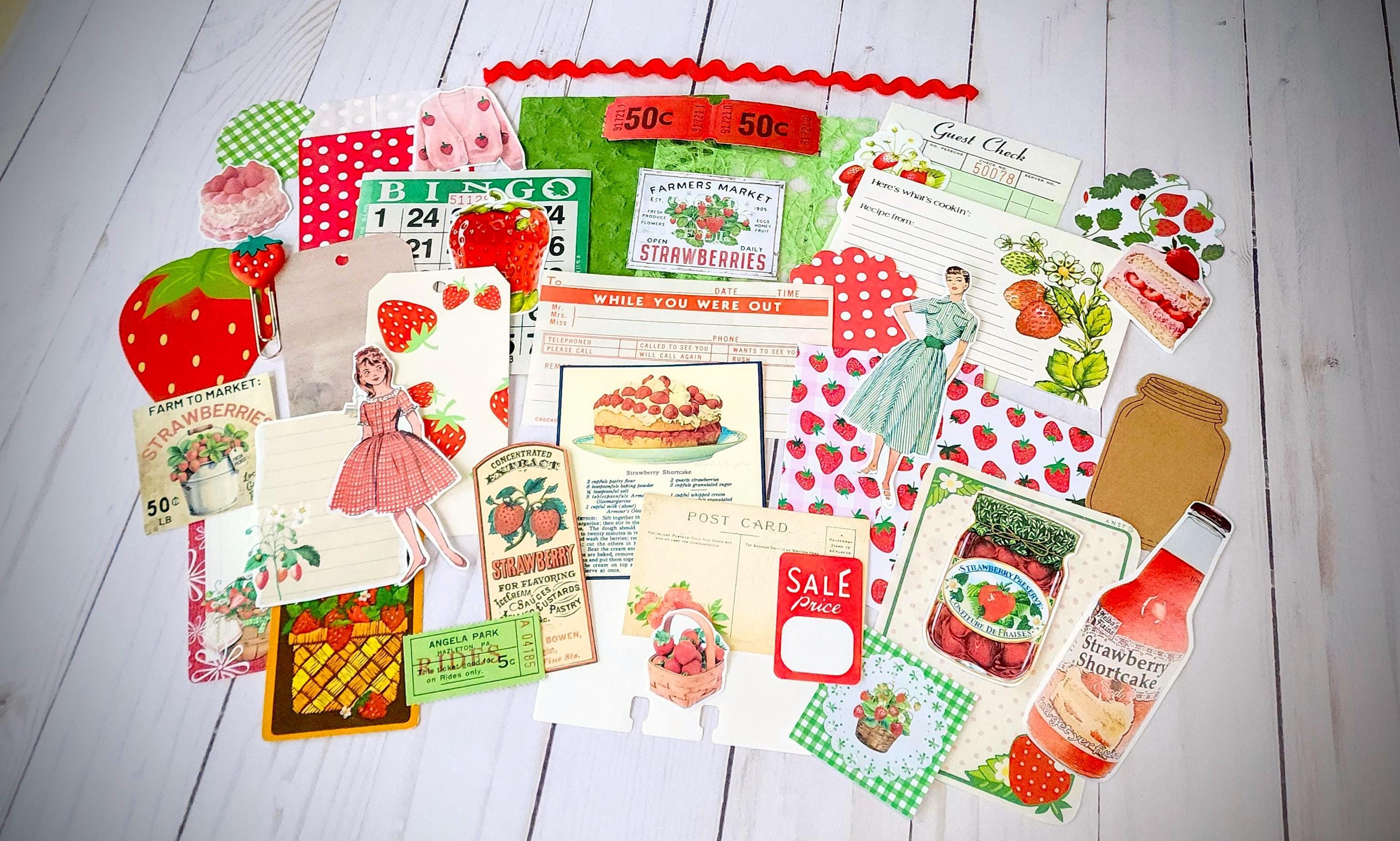 Retro Vintage Style Strawberry Theme Ephemera Pack for Scrapbooking Junk Journalsand Paper Crafts, Strawberry Market Festival Theme