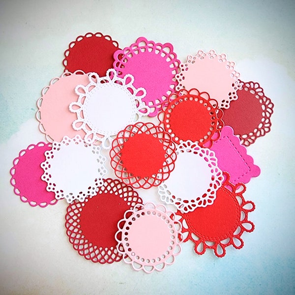 Small Die Cut Cardstock Doilies in Pink Red White Colors 15 Random Pieces with different Designs and Sizes for Paper Crafts