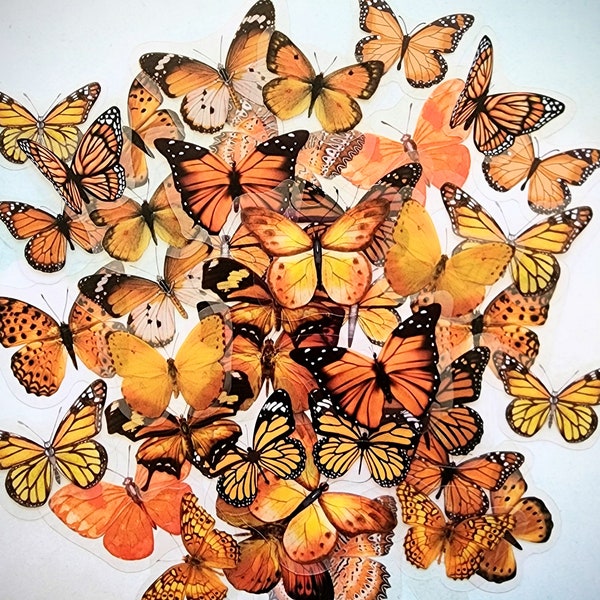 Butterfly Stickers  Set in Orange Yellow Shades for Planners Journals Scrapbook Collage, Transparent Butterfly Decals 40 PCS