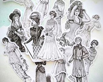 Vintage Style Victorian Ladies Washi Stickers in Black Print from 2 3/4 to 3 in tall 14 Pc Set for Journals Planners Cards and Paper Crafts
