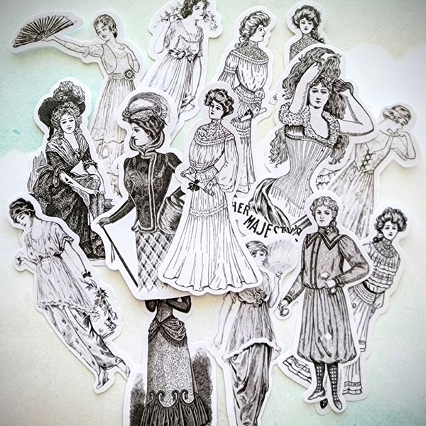 Vintage Style Victorian Ladies Washi Stickers in Black Print from 2 3/4 to 3 in tall 14 Pc Set for Journals Planners Cards and Paper Crafts