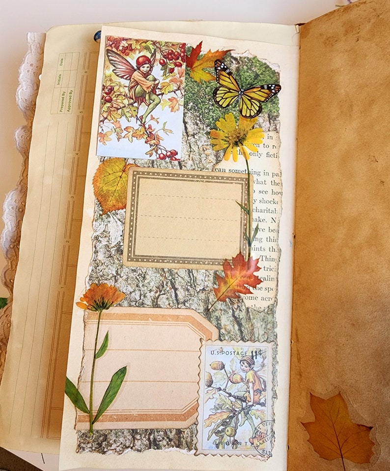 May include: A scrapbook page with a collage of fall-themed images, including a fairy, a butterfly, leaves, and flowers. The page is decorated with a vintage-style border and a U.S. postage stamp.