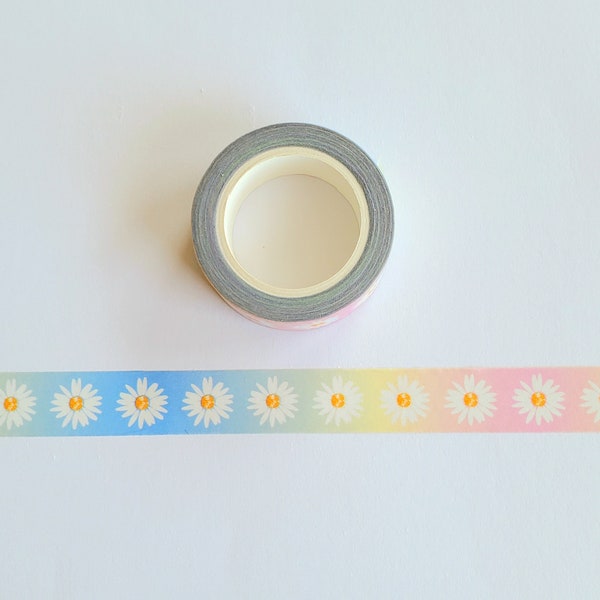 Daisies on Rainbow Color Background Washi Masking Tape Roll, Flowers Washi Tape for Planner Journal and Crafts, Decorative Removable Tape