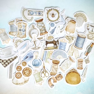 Vintage Style Sewing & Feminine Accessories Stickers 45 Pcs 5/8 to 1 1/2 inches tall for Planner Journal Scrapbook Crafts and Paper Crafts