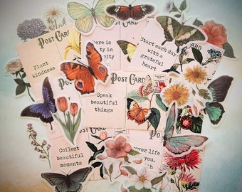 Butterflies and Flowers Paper Postcards and Washi Stickers Set 28 Pcs Vintage style for Collage Scrapbook Journal and Paper Crafts