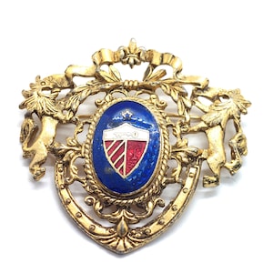 Vintage Crest Pin Coat of Arms Heraldic Shield Lions Blue Gold Tone Jewelry