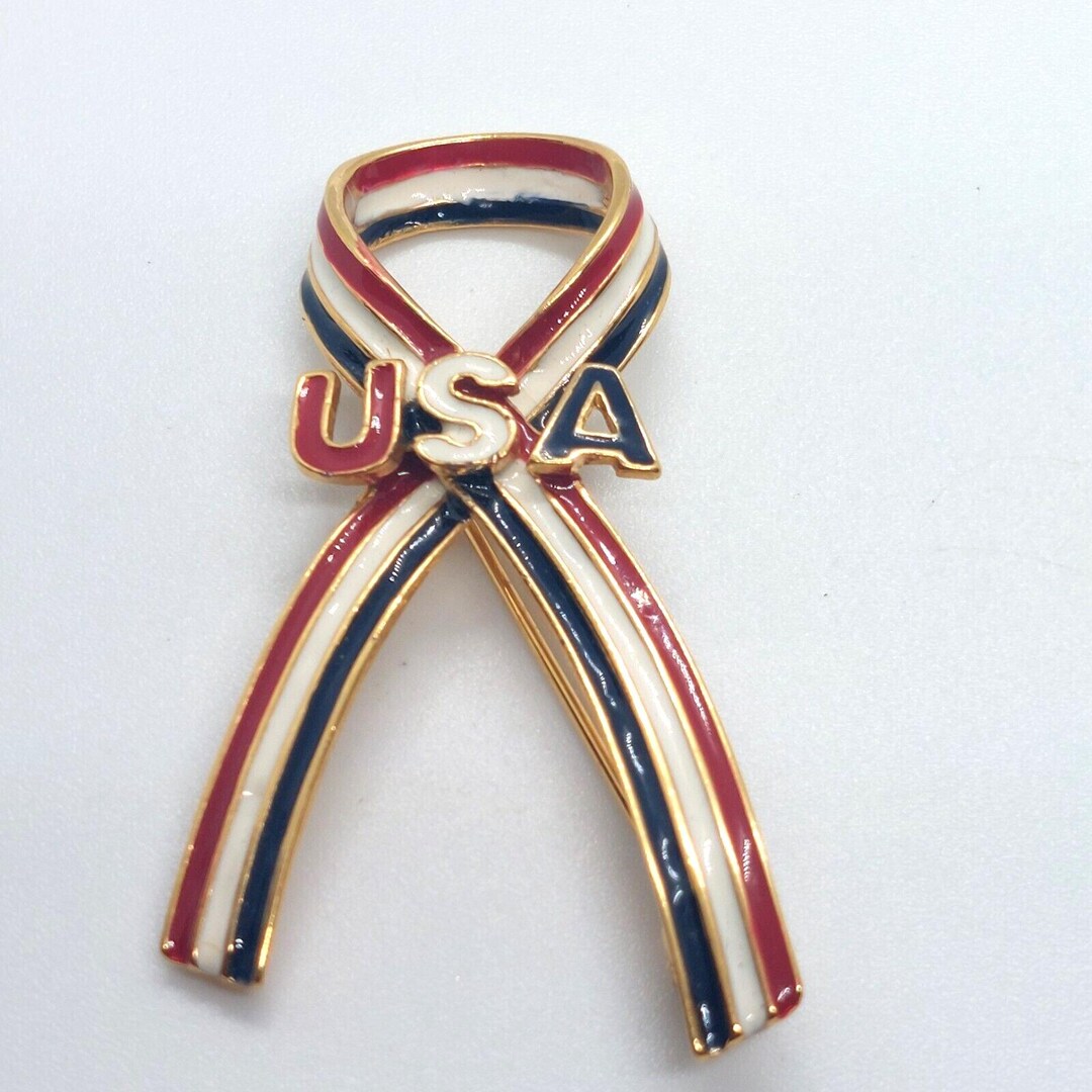 USA Patriotic Pin Red White Blue Ribbon Brooch Lapel Enamel Collectible ...