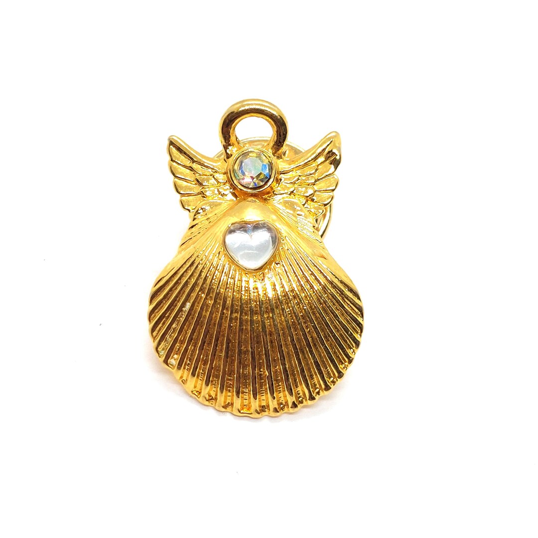 Guardian Angel Seashell Pin Gold Tone W/ Rhinestones Heart Lapel Enamel ...