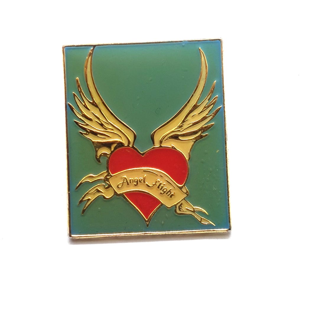 Angel Flight Wings Heart Banner Green Red Gold Lapel Pin Vintage - Etsy