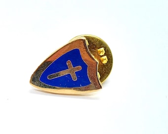 Cross Shield Pin Blue Gold Tone Lapel Enamel Collectible