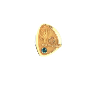 May include: A gold-colored pin with a teal-colored gemstone at the bottom. The pin has an oval shape with a winged figure holding a torch. The text "AT&T Long Lines" is printed on the pin.
