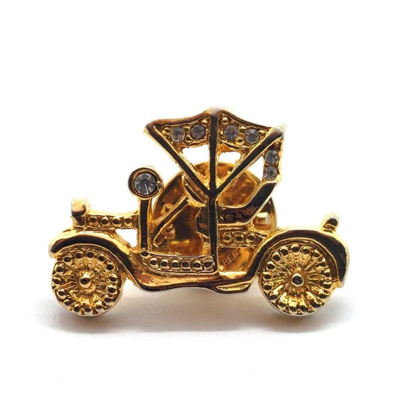 Vintage Carriage Car Pin Gold Rhinestone Automobile Classic Collector Brooch
