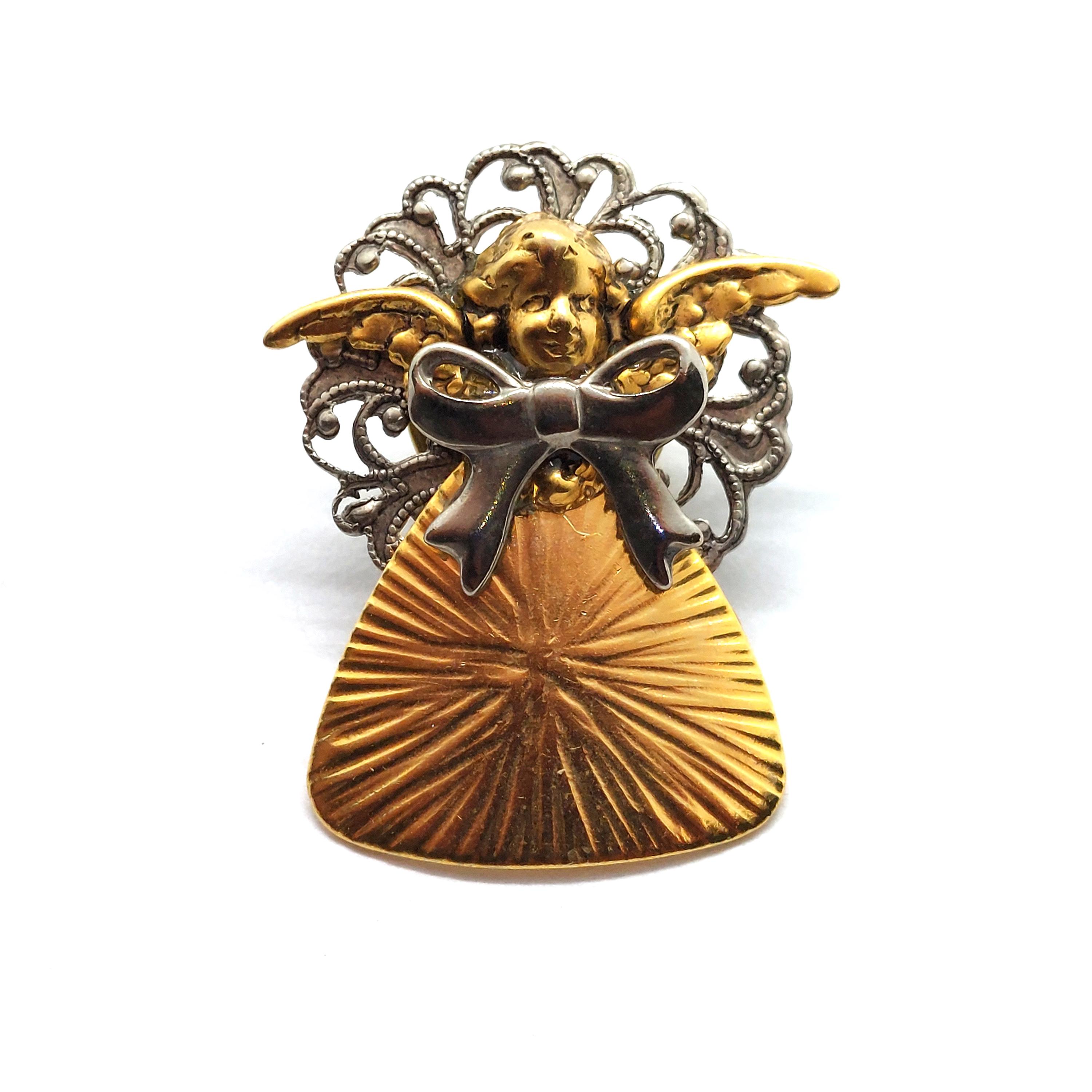 Vintage Angel Cherub Lapel Pin Bow Wings Gold Sunburst  display picture 1