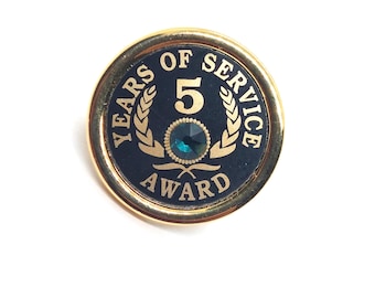 Gold Ton 5 Jahre Service Award Anstecknadel mit blauem Edelstein Akzent Vintage
