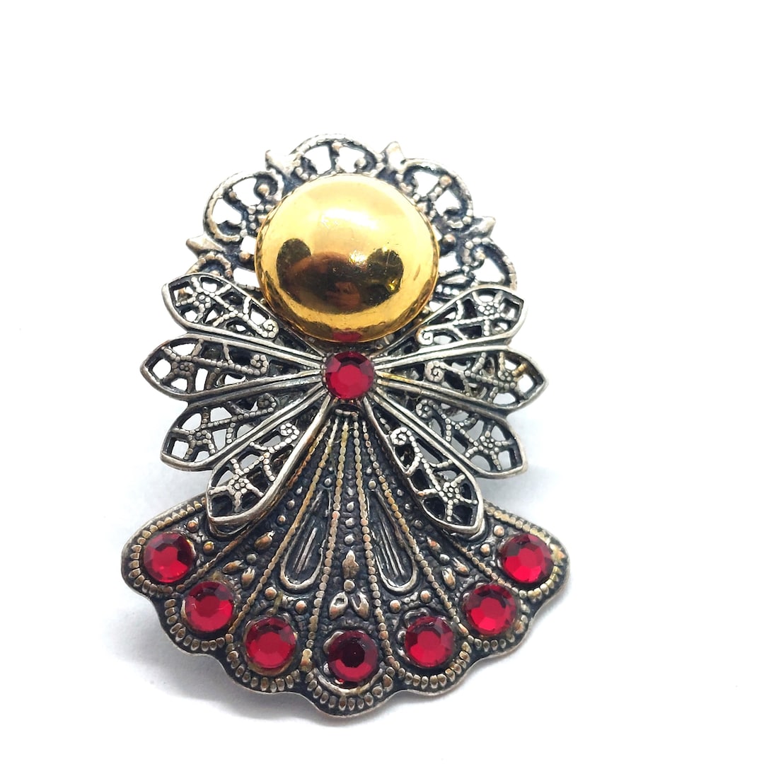 Ruby Angel Pin Vintage Angel Brooch Gold Halo Red Rhinestone Pin Religious Collectible ...