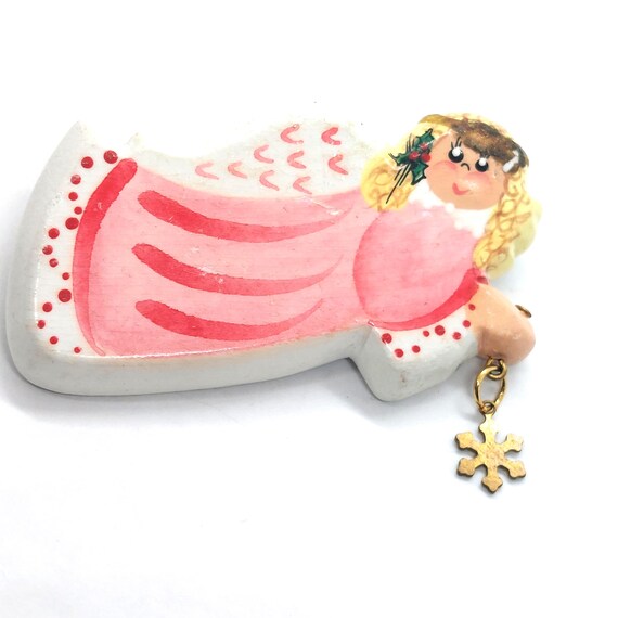 Hand Painted Christmas Angel Brooch Pin Ceramic Snowflake Charm Holly