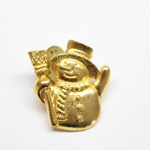 Christmas Holiday Snowman with Scarf and Broom Gold Tone Pin Lapel Enamel