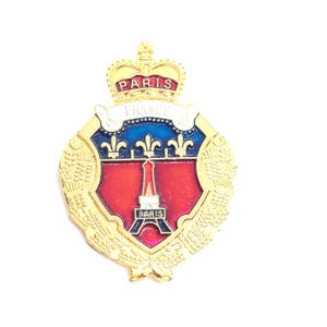 Paris France Crest Lapel Pin Eiffel Tower Fleur de Lis Gold Tone Badge Vintage