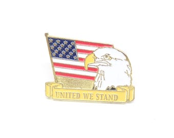 United We Stand USA Flag and Eagle Pin Yellow Banner Lapel Enamel Collectible