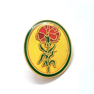 May include: A gold-colored oval pin with a red carnation flower design. The flower has detailed petals and green leaves and stem. The pin has a green border around the gold oval.