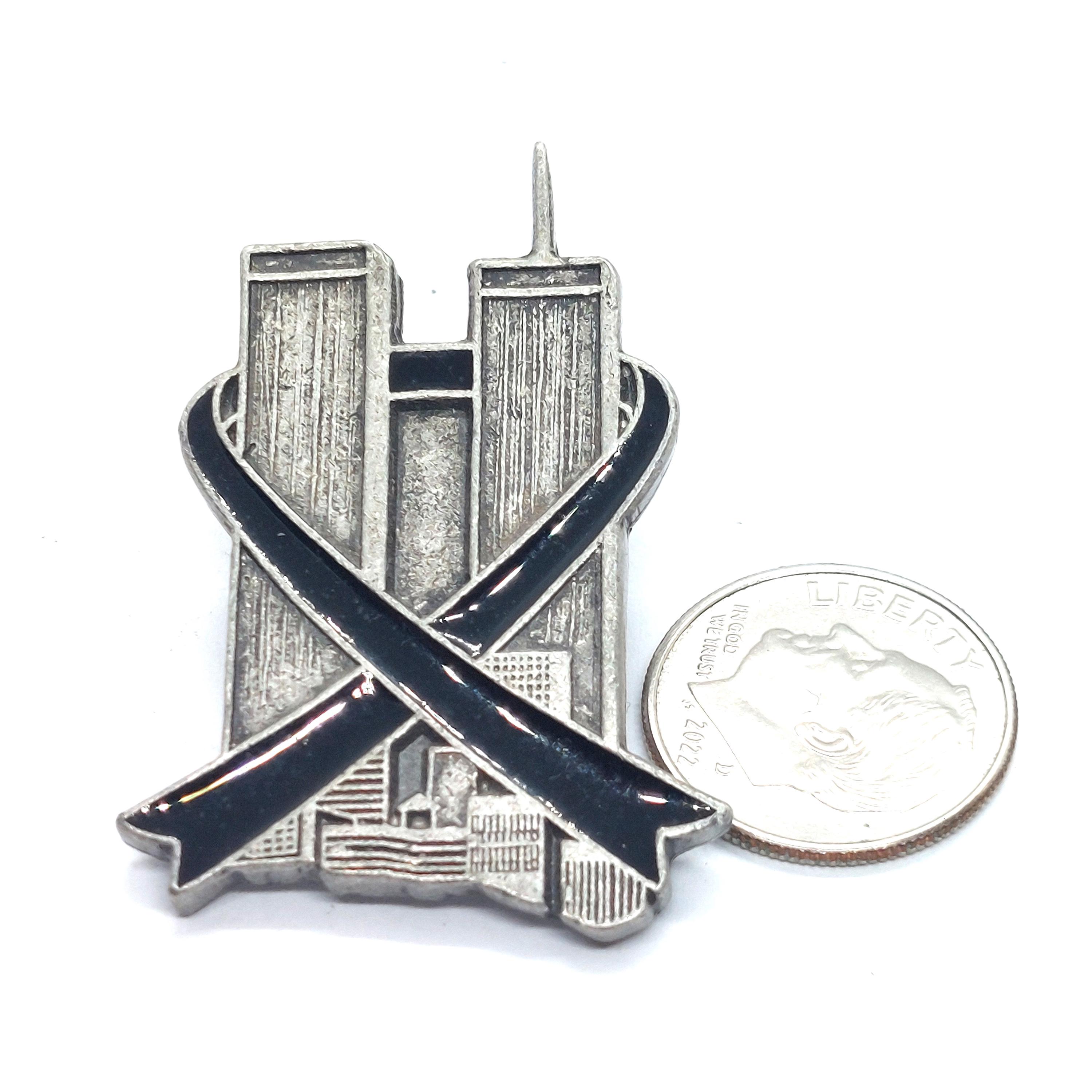Twin Towers 9-11 Memorial Lapel Pin Black Ribbon World Trade