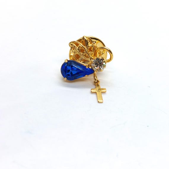 Vintage Angel Pin Blue Crystal Body Cross Dangle Wings Religious Heavenly
