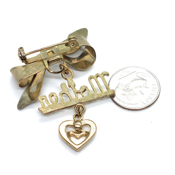 Mother Bow Heart Dangle Lapel Brooch Pin Gold Tone Vintage 