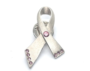 Avon Breast Cancer Awareness Ribbon Pin Silver Tone & Pink Rhinestones Lapel