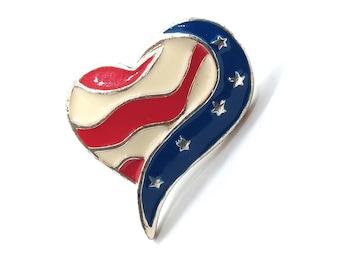 Vintage American Flag Heart Lapel Pin Red White Blue Patriotic Stars And Stripes