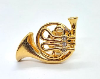 French Horn Pin Gold Tone With Rhinestones Lapel Collectible Music Fashion