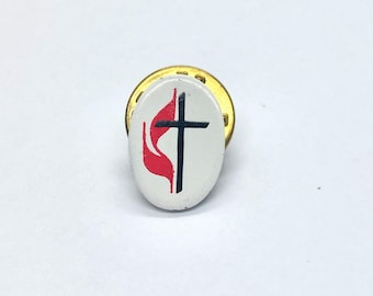 United Methodist Cross and Flame Oval White Pin Lapel Enamel Collectible