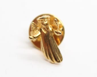 Tiny Angel Halo Wings Pin Gold Tone Religious Praying Lapel Enamel Collectible
