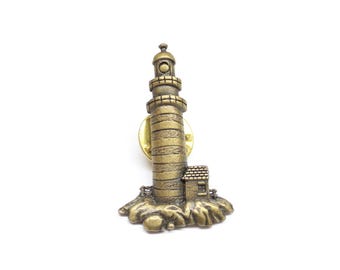 JJ Jonette Jewelry Lighthouse Lapel Pin Brass Color Nautical Collectable