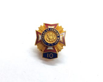 Veterans Of Foreign Wars Pin 10 Service Award Vintage Patriotic Military Lapel