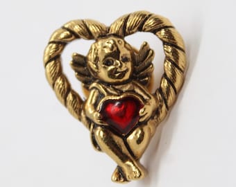 Avon Cupid Angel Cherub Red Heart Pin Lapel Twisted Rope Gold Tone Valentine VTG