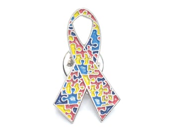 Autism Awareness Ribbon Puzzle Pieces Design Pin Lapel Enamel Collectible VTG