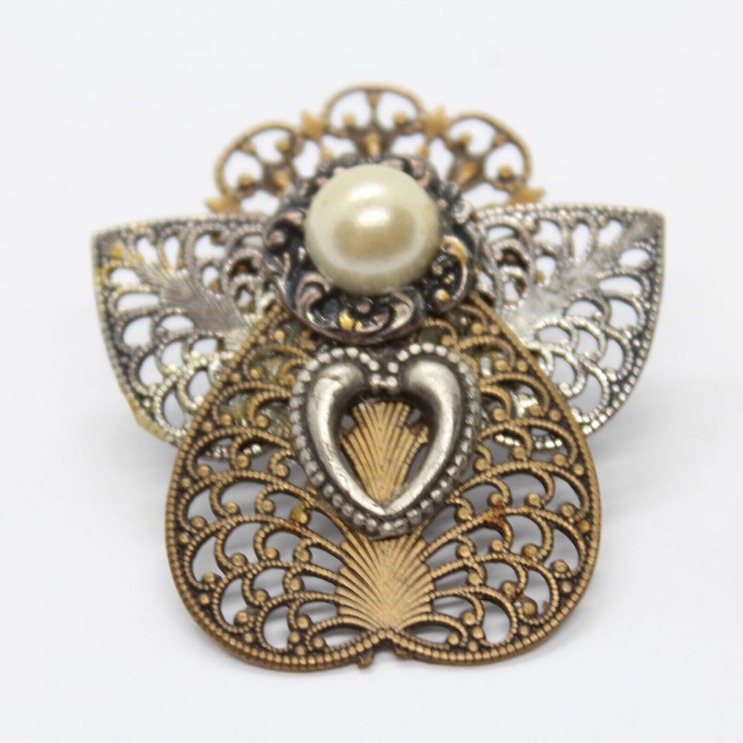 Big Angel Faux Pearl Wings Brooch Pin Lapel Enamel Silver & Gold Tone ...