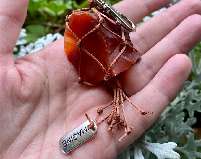 Carnelian macrame charm keychain with imagine charm KC2