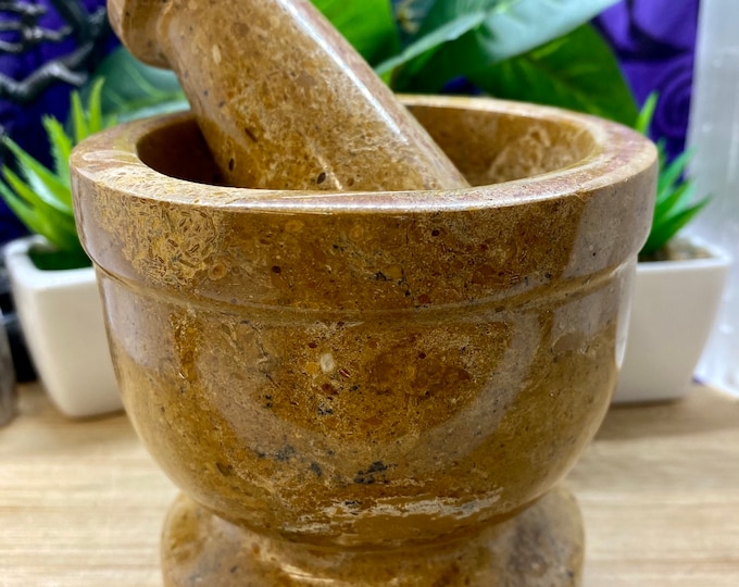 Golden Marble Mortar and pestle herb grinder crystal sculpture geode