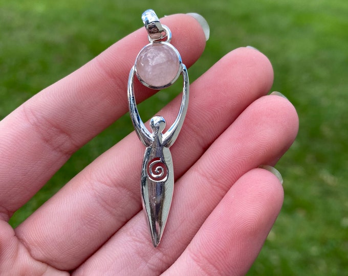 Sterling Silver Rose Quartz goddess Divine Feminine pendant Flat 4