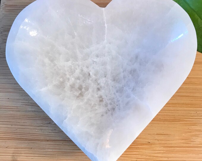 Polished selenite heart ritual  bowl offering container cleansing crystal satin spar gypsum