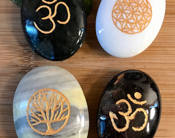 Engraved palm stones scolecite larvikite garnet infinite stone tumbled polished ohm tree of life flower of life