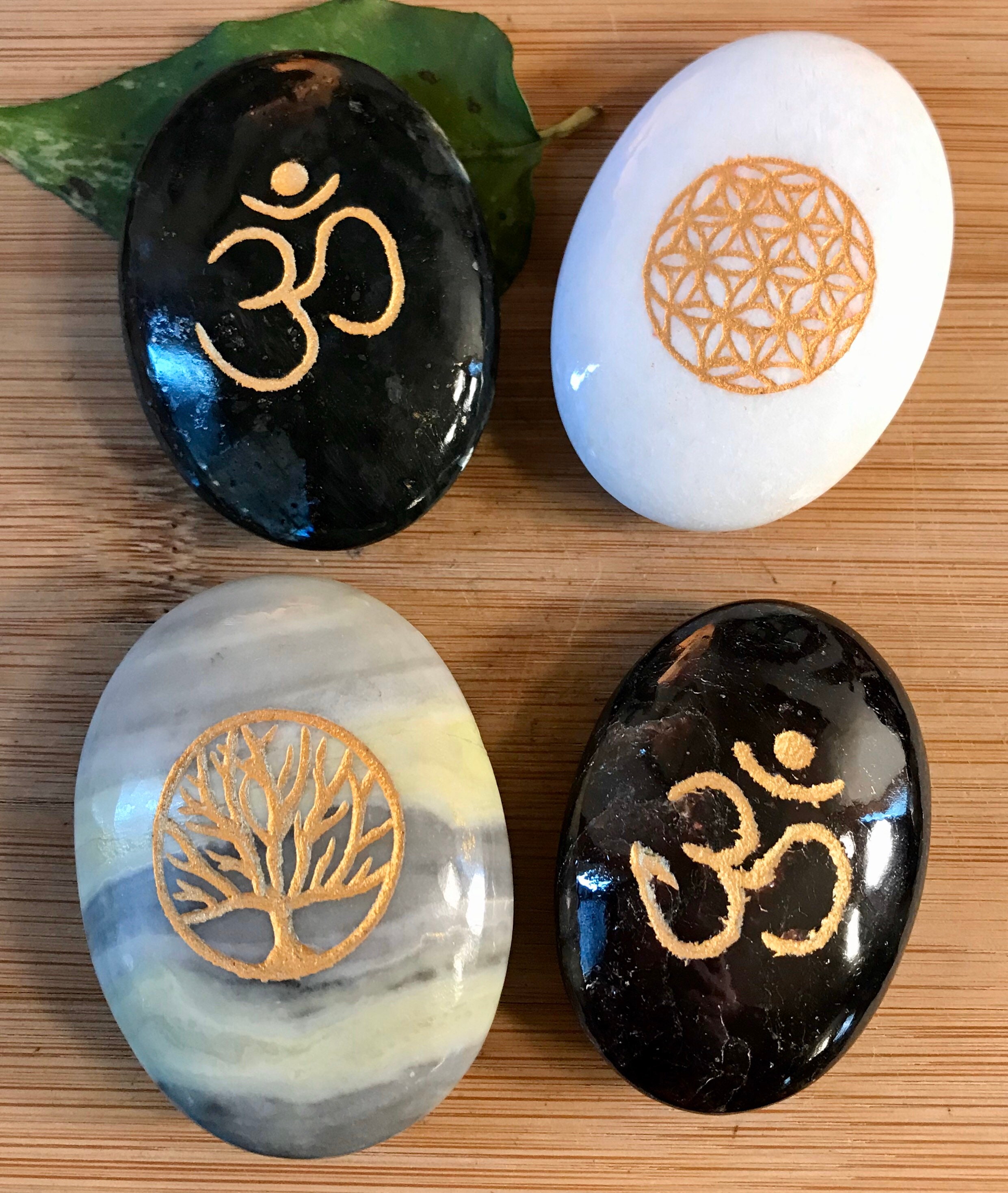 Engraved palm stones scolecite larvikite infinite stone tumbled