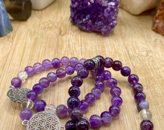 Clear Quartz and Amethyst Flower of Life Healing Bead Bracelet SME24