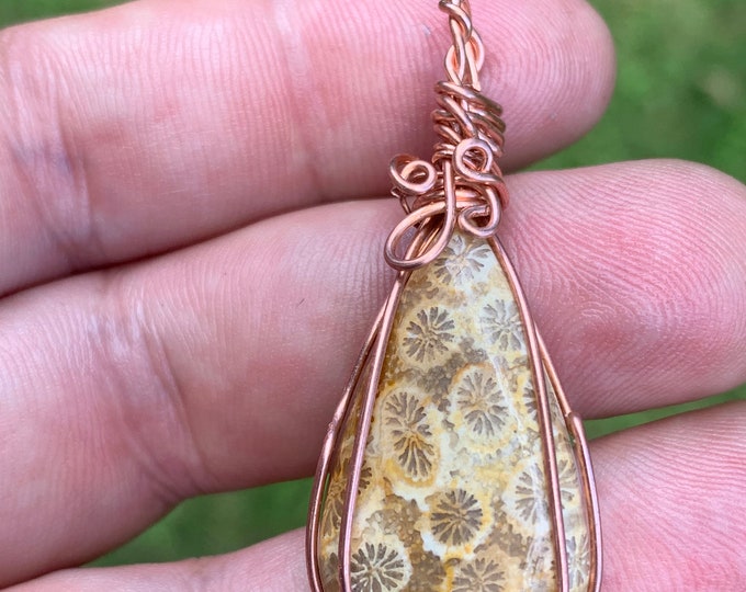 Fossil Coral Pendant wire wrapped in Copper FCCP01