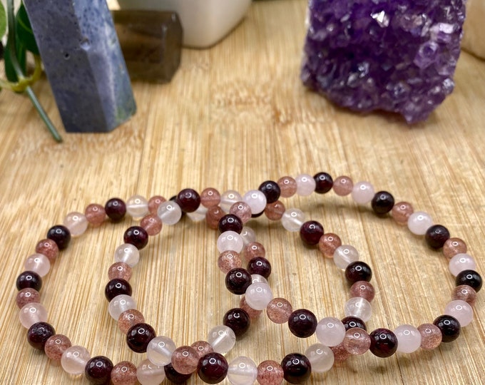 Love Bracelet - Rose Quartz, garnet and Strawberry Quartz Bracelet