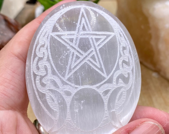 Pentacle and Triple Moon  engraved Selenite palm stones polished tumbled soap satin spar gypsum