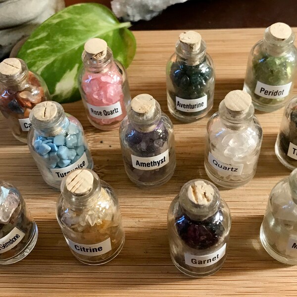 Complete set of Gemstone crystal chip glass bottle set tumbled crafts crafting reiki grid roller