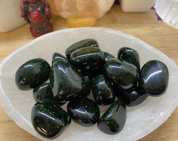 Tumbled Green Goldstone Stones Set with Gift Bag